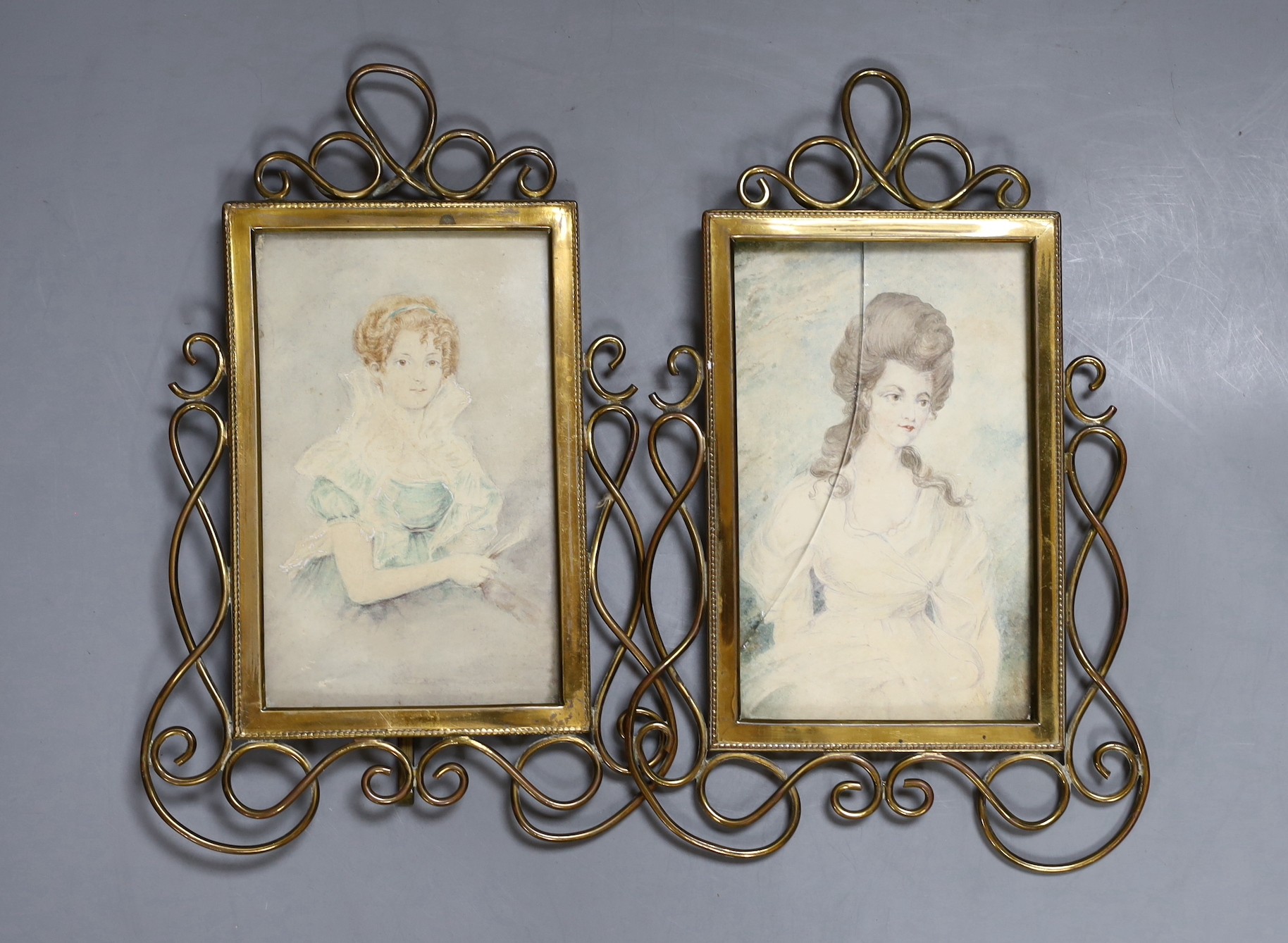 English School c.1900, pair of watercolour, Portraits of ladies, 15 x 9.5cm, housed in brass scroll frames